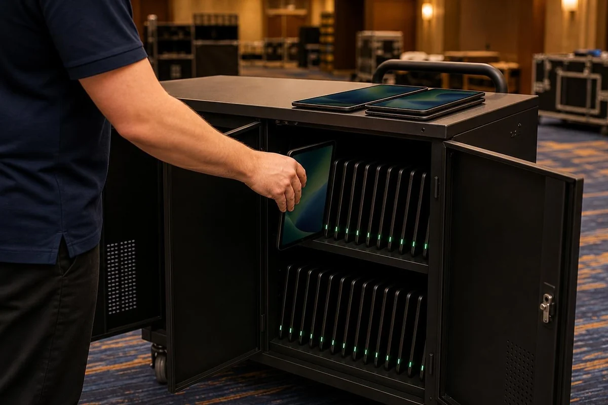 Tablet charging cart with Android tablets in slots at an event