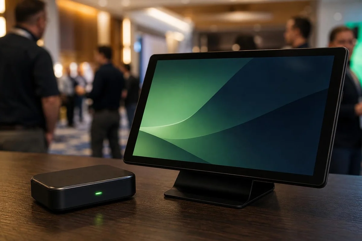 Portable mobile hotspot next to an Android tablet on a registration table