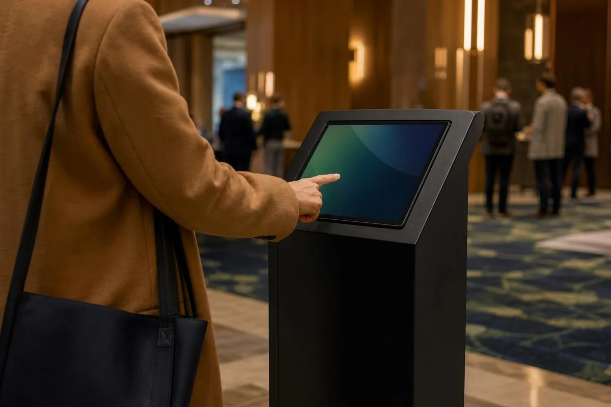 Guest tapping a tablet kiosk in a hotel lobby