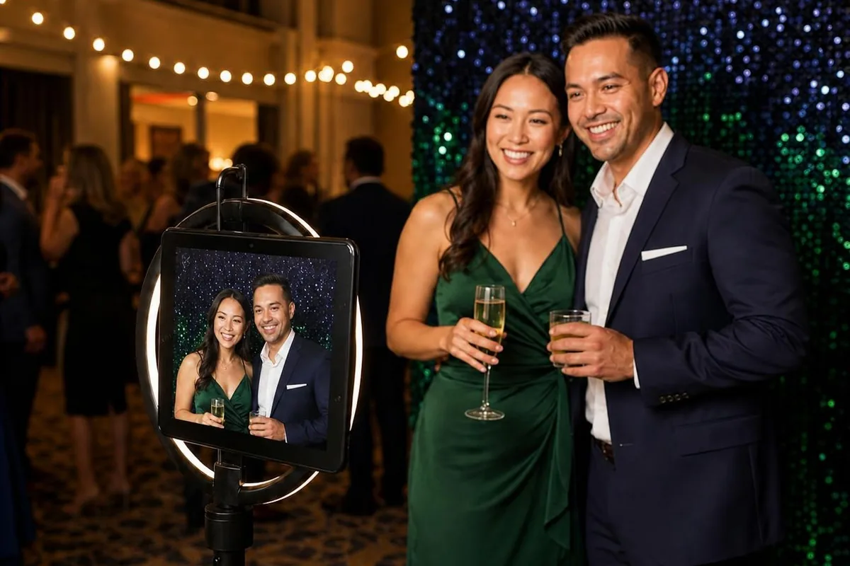 Couple posing at a sequin-wall photo booth with an Android tablet on a ring-light stand
