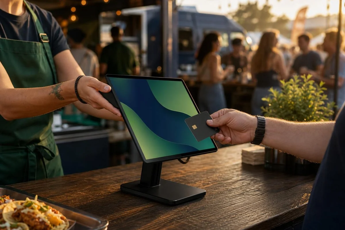 Festival vendor taking a card payment on a tablet POS stand