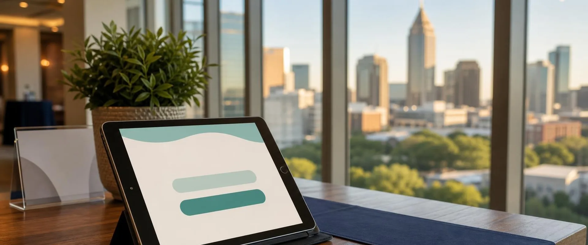 Silver iPad tablet in an Atlanta event space with the Bank of America Plaza spire and Midtown skyline