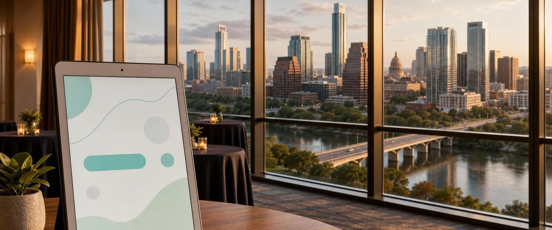 Silver iPad tablet in an Austin high-rise event space with the skyline, Texas State Capitol and Lady Bird Lake