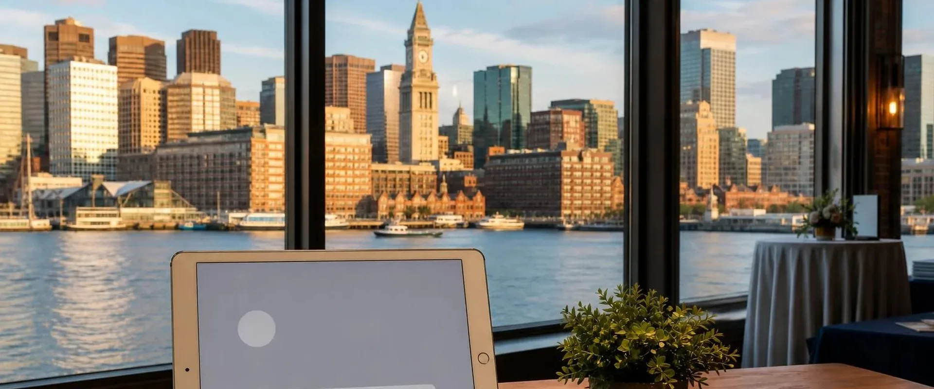 Silver iPad tablet in a Boston waterfront event space with the Custom House Tower and harbor skyline