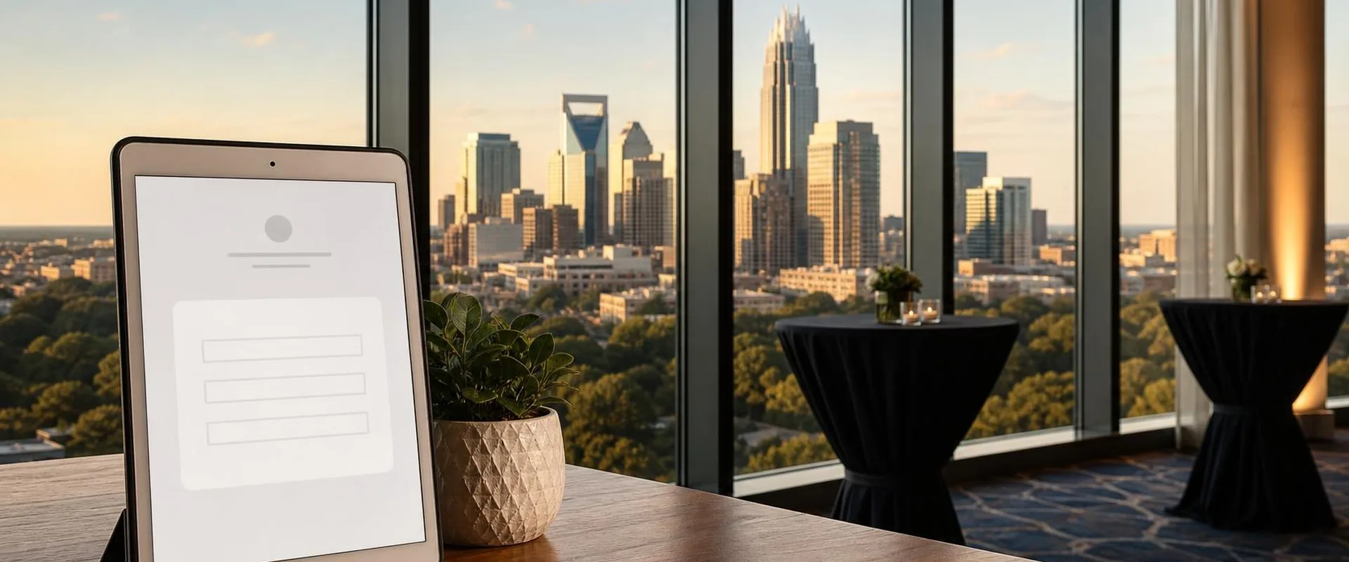 iPad check-in screen in a black folio stand on a table in a high-rise Charlotte event space, with the Uptown Charlotte skyline and the Bank of America Corporate Center behind it
