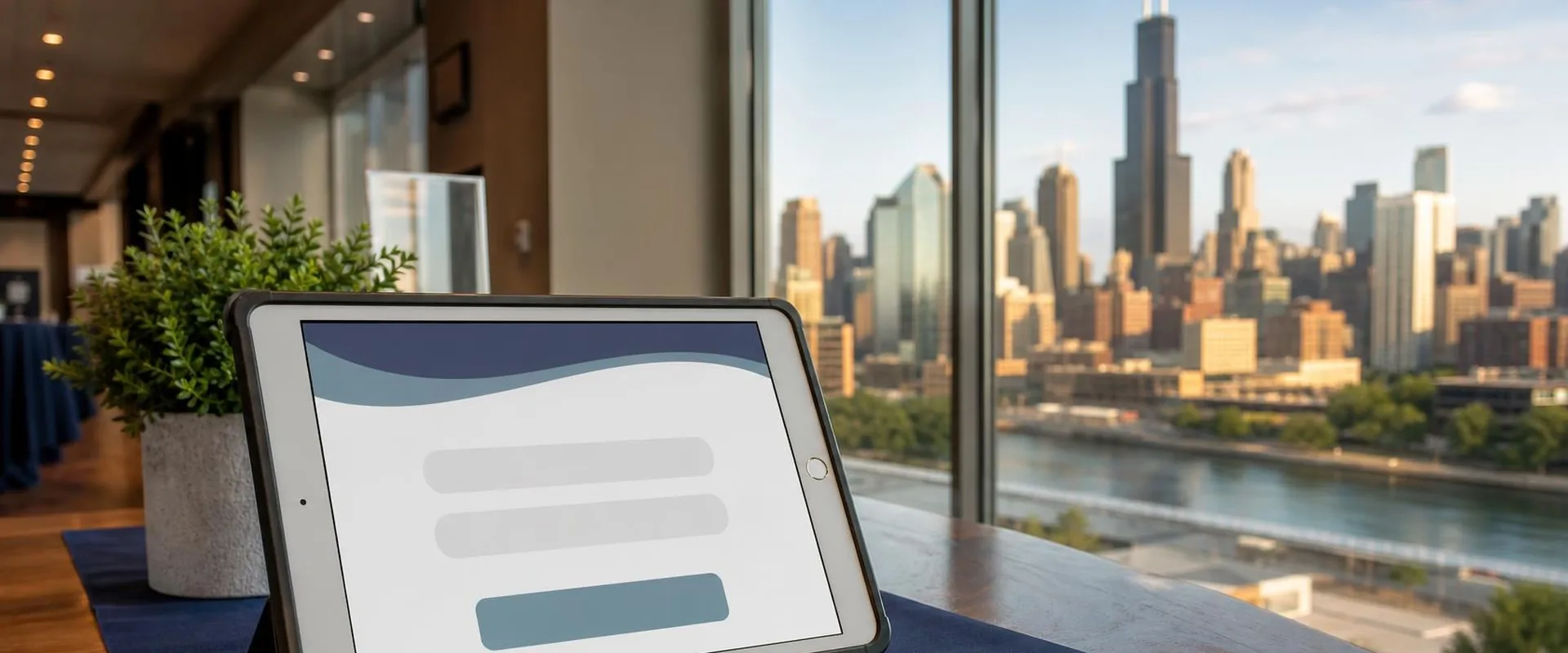 Silver iPad tablet in a Chicago event space with the Willis Tower and Chicago River