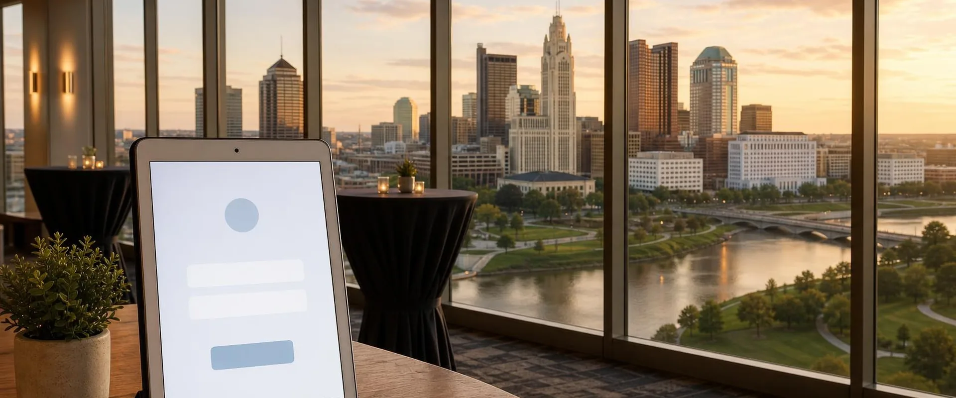 iPad check-in screen in a black folio stand on a table in a high-rise Columbus event space, with the downtown Columbus skyline, the LeVeque Tower and the Scioto River behind it