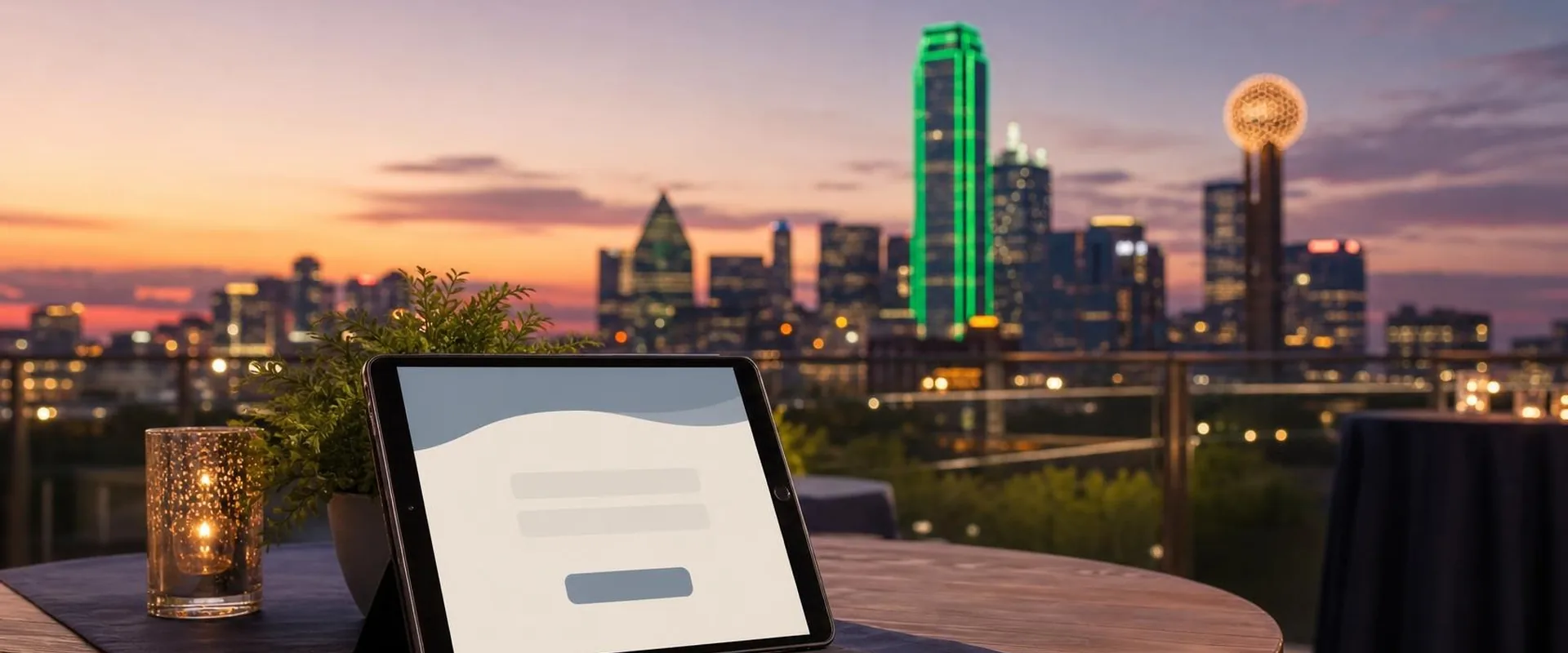 Silver iPad tablet on a Dallas rooftop terrace with Reunion Tower and the downtown skyline at dusk