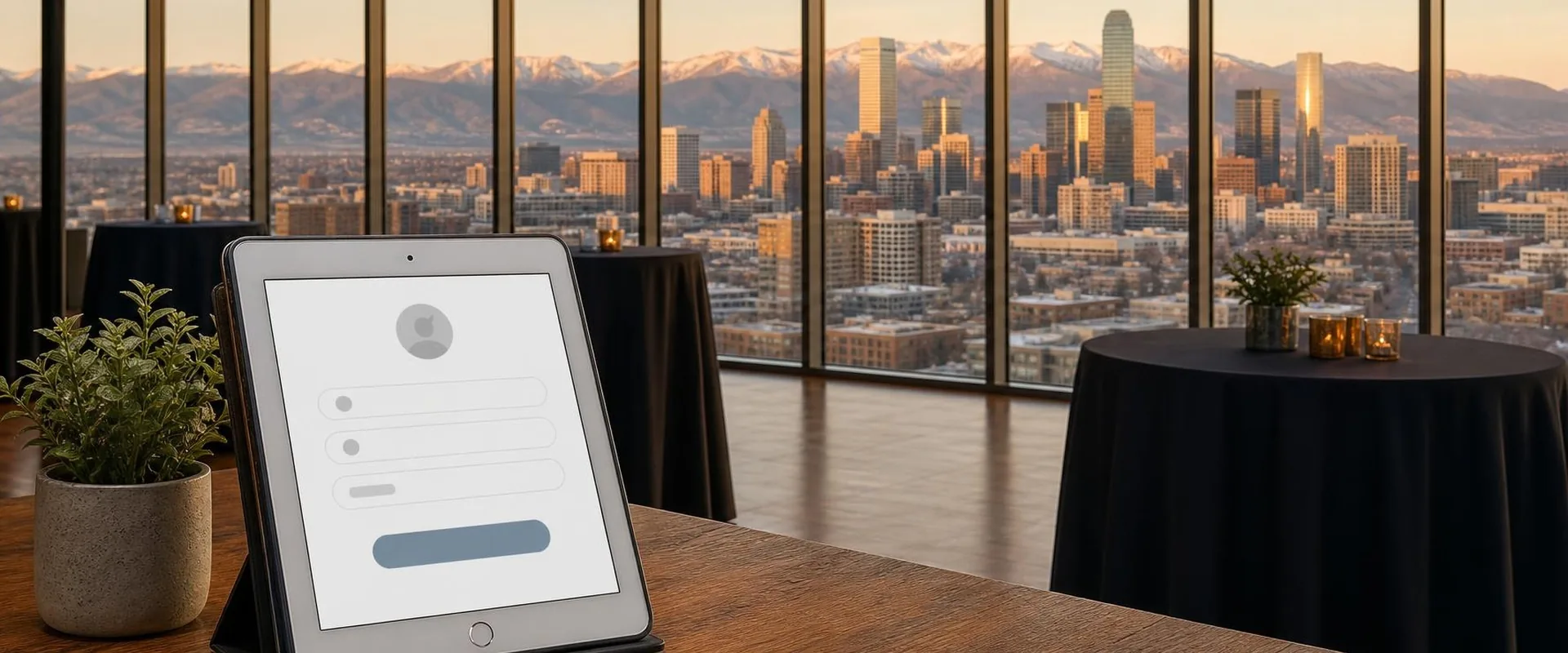 Silver iPad tablet in a Denver high-rise event space with the downtown skyline and the Rocky Mountains