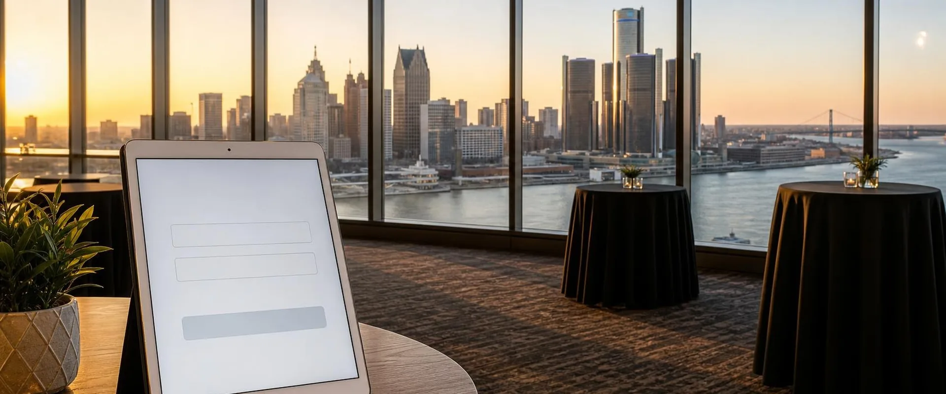 iPad check-in screen in a black folio stand on a table in a high-rise Detroit event space, with the Detroit skyline, the Renaissance Center and the Detroit River behind it