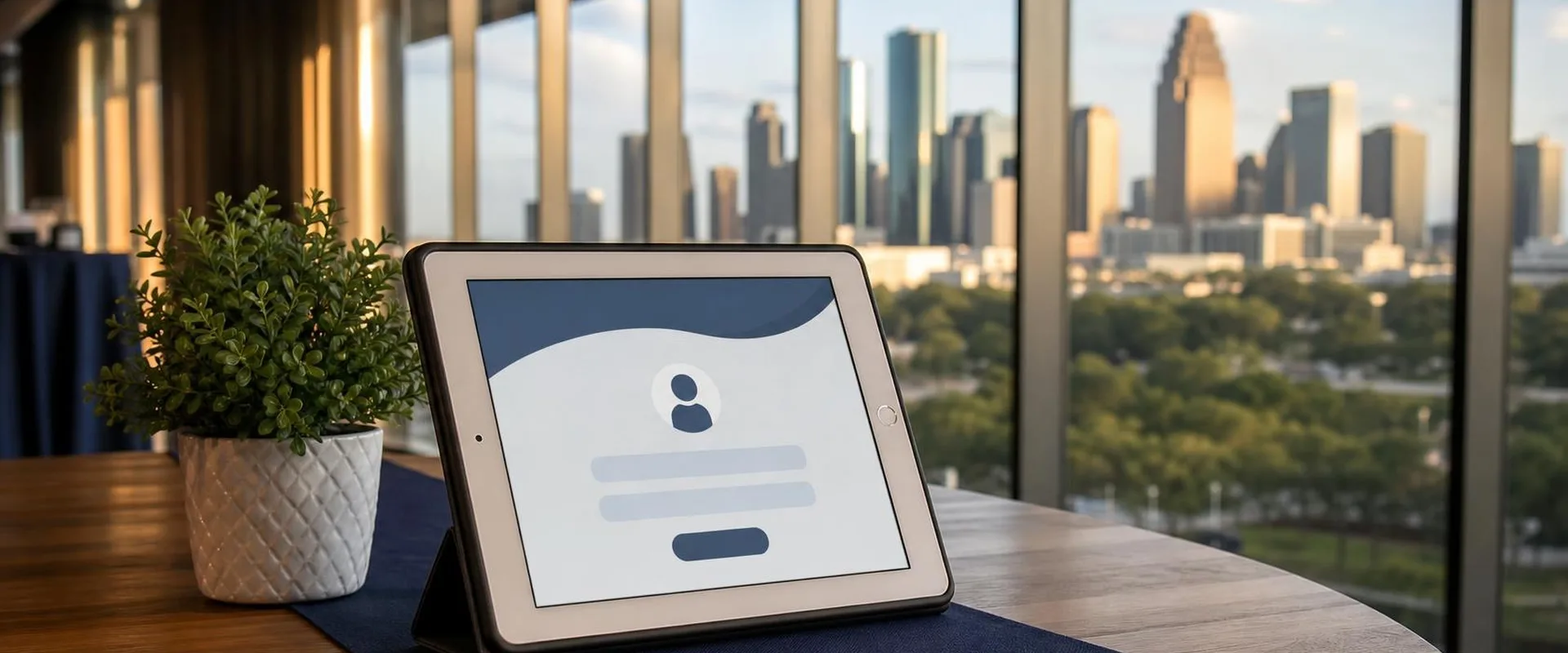 Silver iPad tablet in a Houston event space with the downtown skyline and TC Energy Center