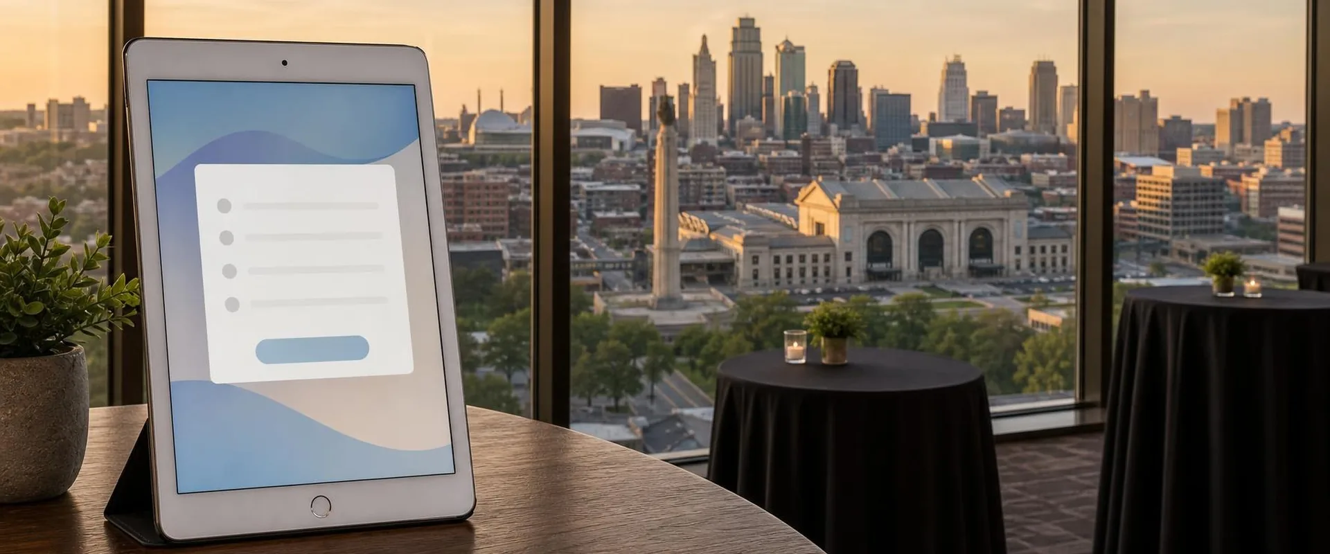 iPad check-in screen in a black folio stand on a table in a high-rise Kansas City event space, with the Kansas City skyline, the Liberty Memorial and Union Station behind it