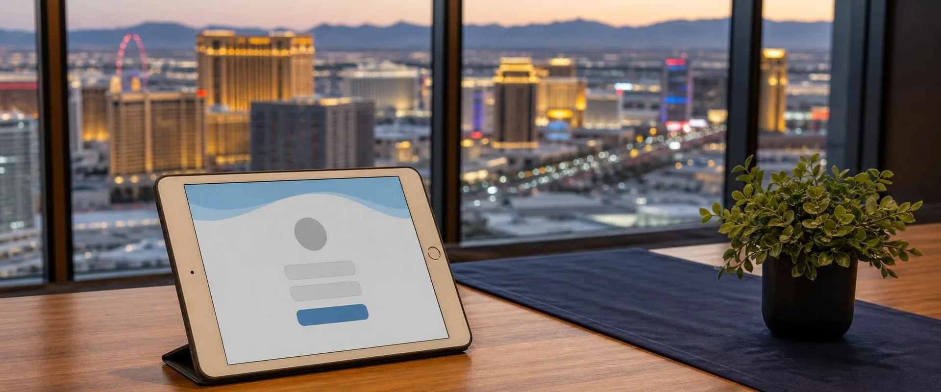 Silver iPad tablet on a check-in table with the Las Vegas Strip at dusk