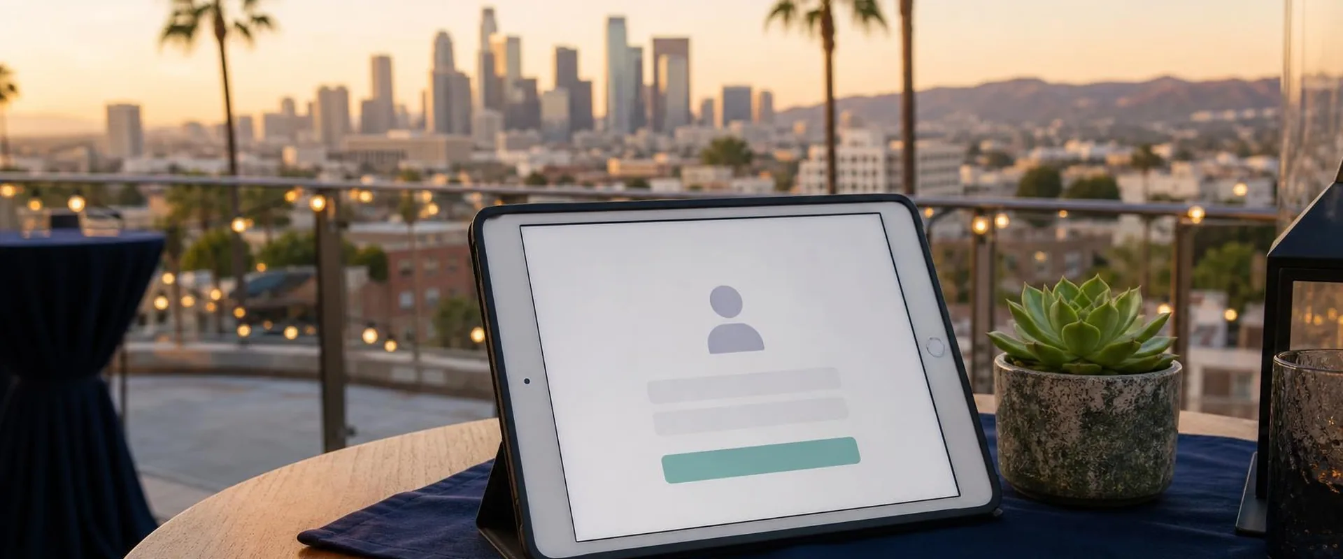 Silver iPad tablet on a Los Angeles rooftop terrace with palms and the downtown skyline