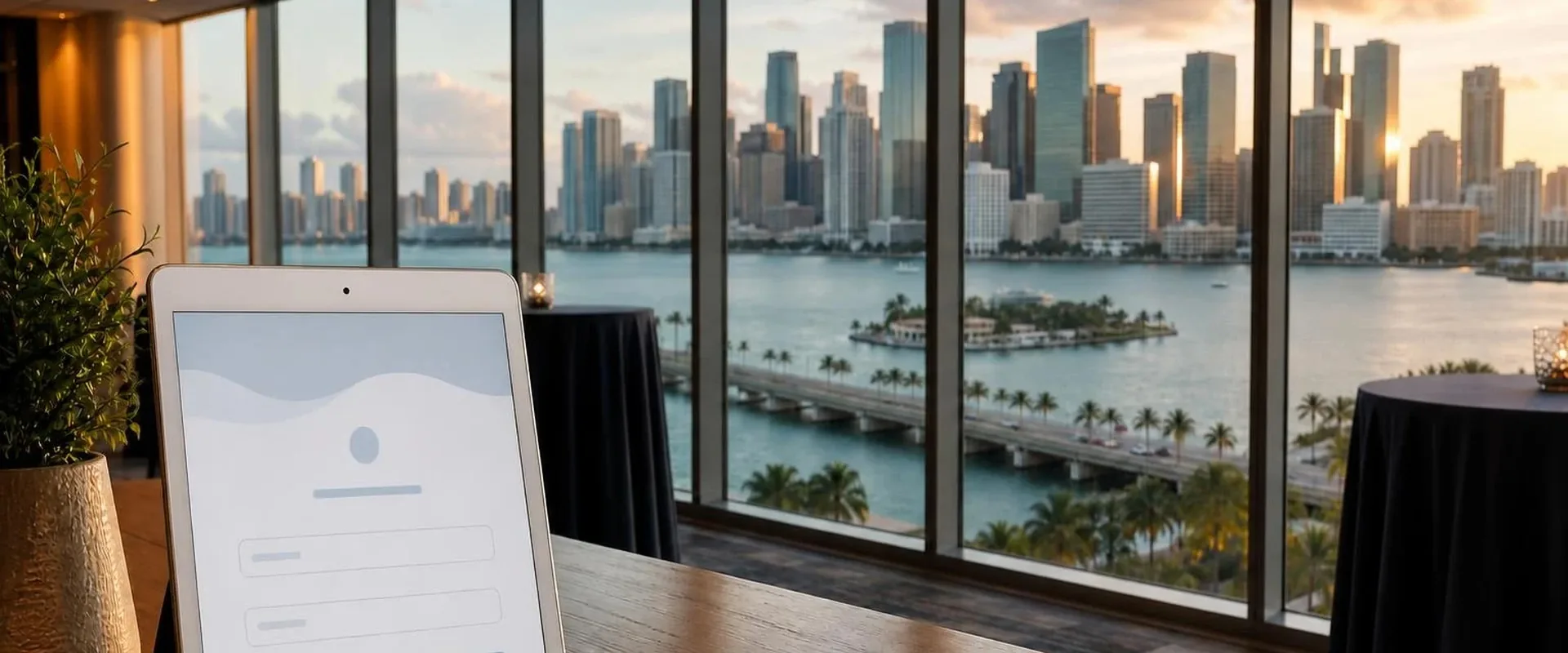 Silver iPad tablet in a Miami high-rise event space with the skyline over Biscayne Bay, causeway and palms
