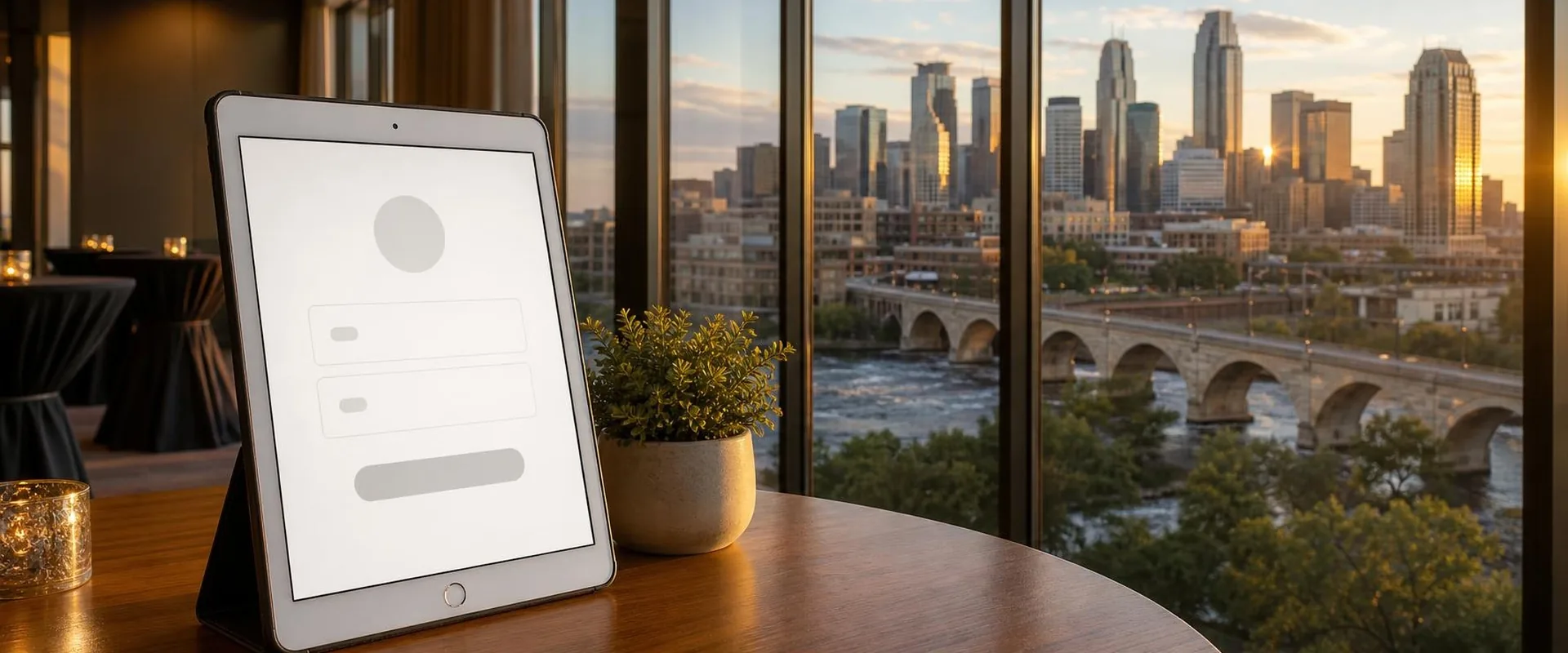 Silver iPad tablet in a Minneapolis high-rise event space with the skyline and the Stone Arch Bridge over the Mississippi River