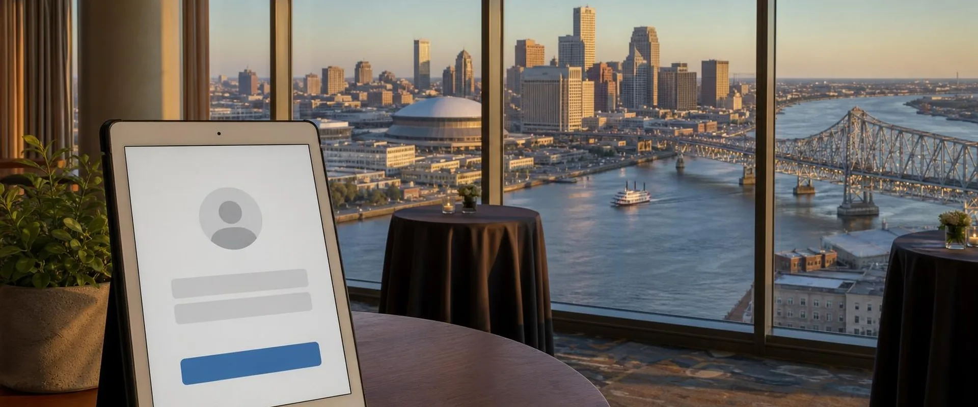 Silver iPad tablet in a New Orleans high-rise event space with the Superdome, Mississippi River and Crescent City Connection