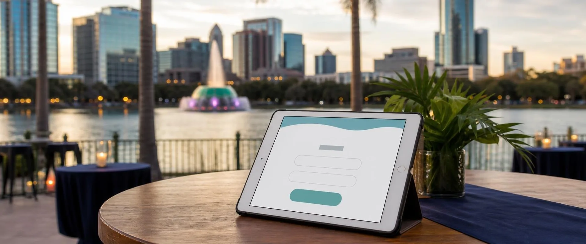Silver iPad tablet on an Orlando patio with palms, the Lake Eola fountain and the downtown skyline