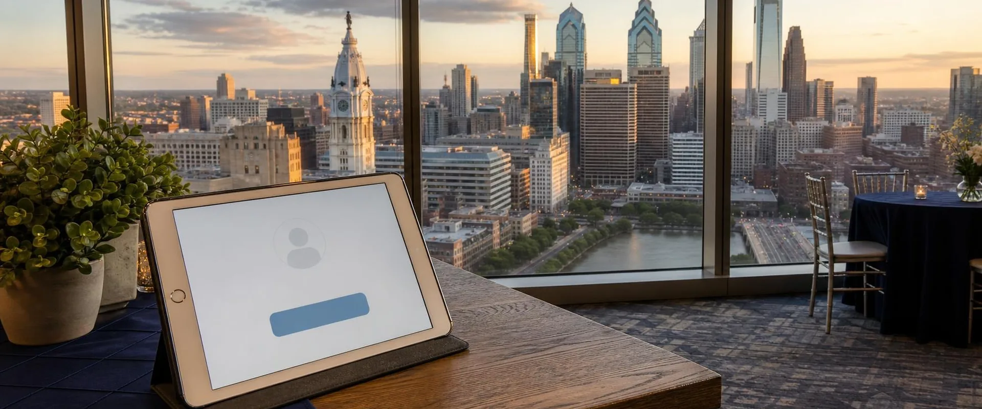 Silver iPad tablet in a Philadelphia high-rise event space with City Hall tower and the downtown skyline