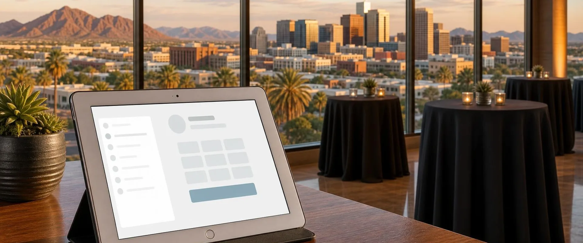 Silver iPad tablet in a Phoenix high-rise event space with the downtown skyline, palms and desert mountains