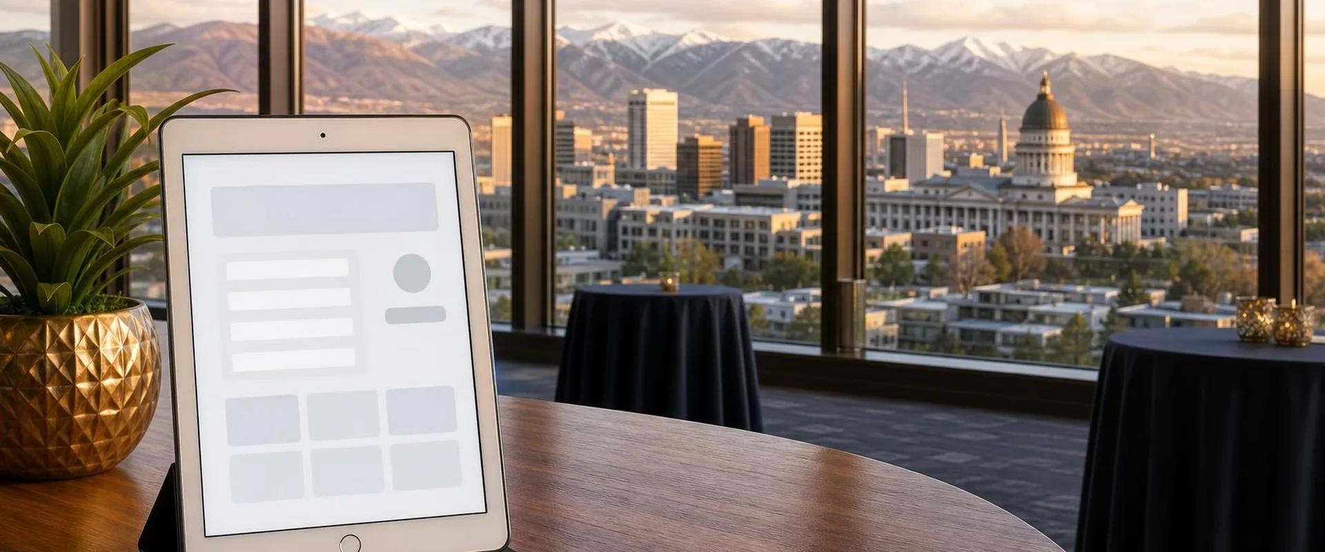 Silver iPad tablet in a Salt Lake City high-rise event space with the Utah State Capitol and the Wasatch Mountains