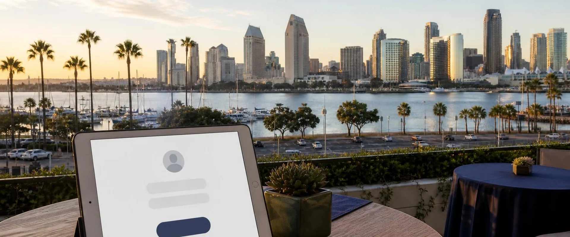 Silver iPad tablet on a San Diego terrace with palms, the bay and the downtown skyline