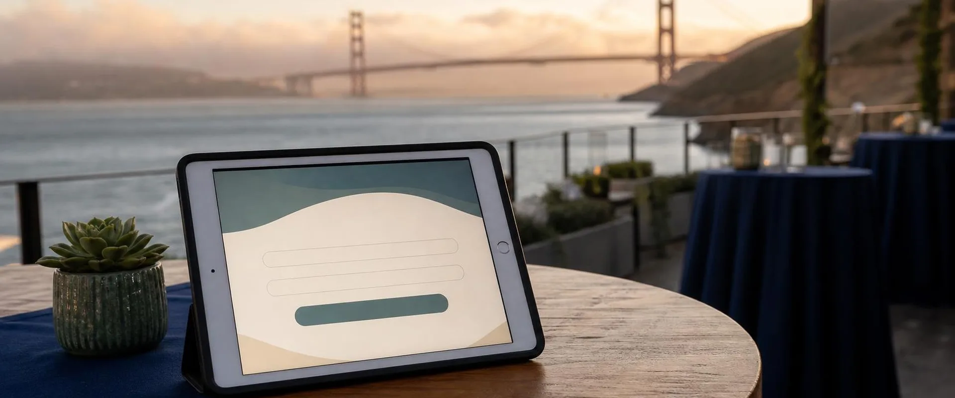Silver iPad tablet on a San Francisco waterfront terrace with the Golden Gate Bridge