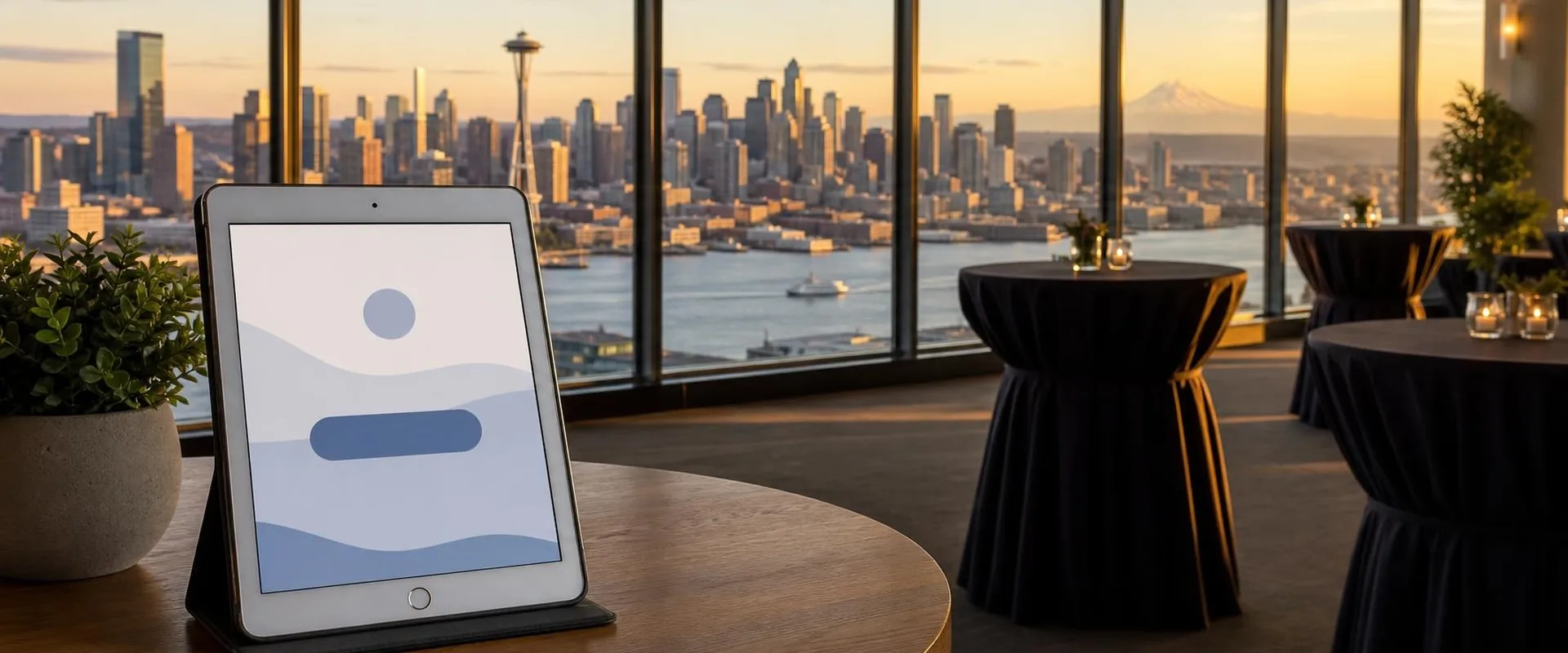 Silver iPad tablet in a Seattle high-rise event space with the Space Needle, Elliott Bay and Mount Rainier