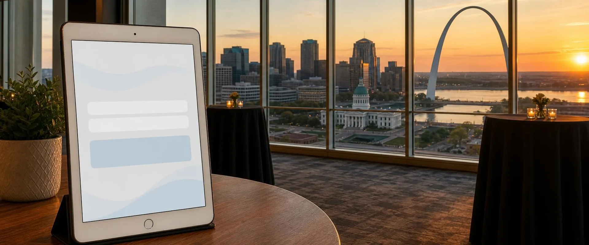 iPad check-in screen in a black folio stand on a table in a high-rise St. Louis event space, with the St. Louis skyline, the Gateway Arch, the Old Courthouse and the Mississippi River behind it