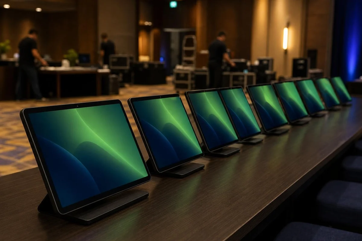 Row of Android tablets on stands ready for an event