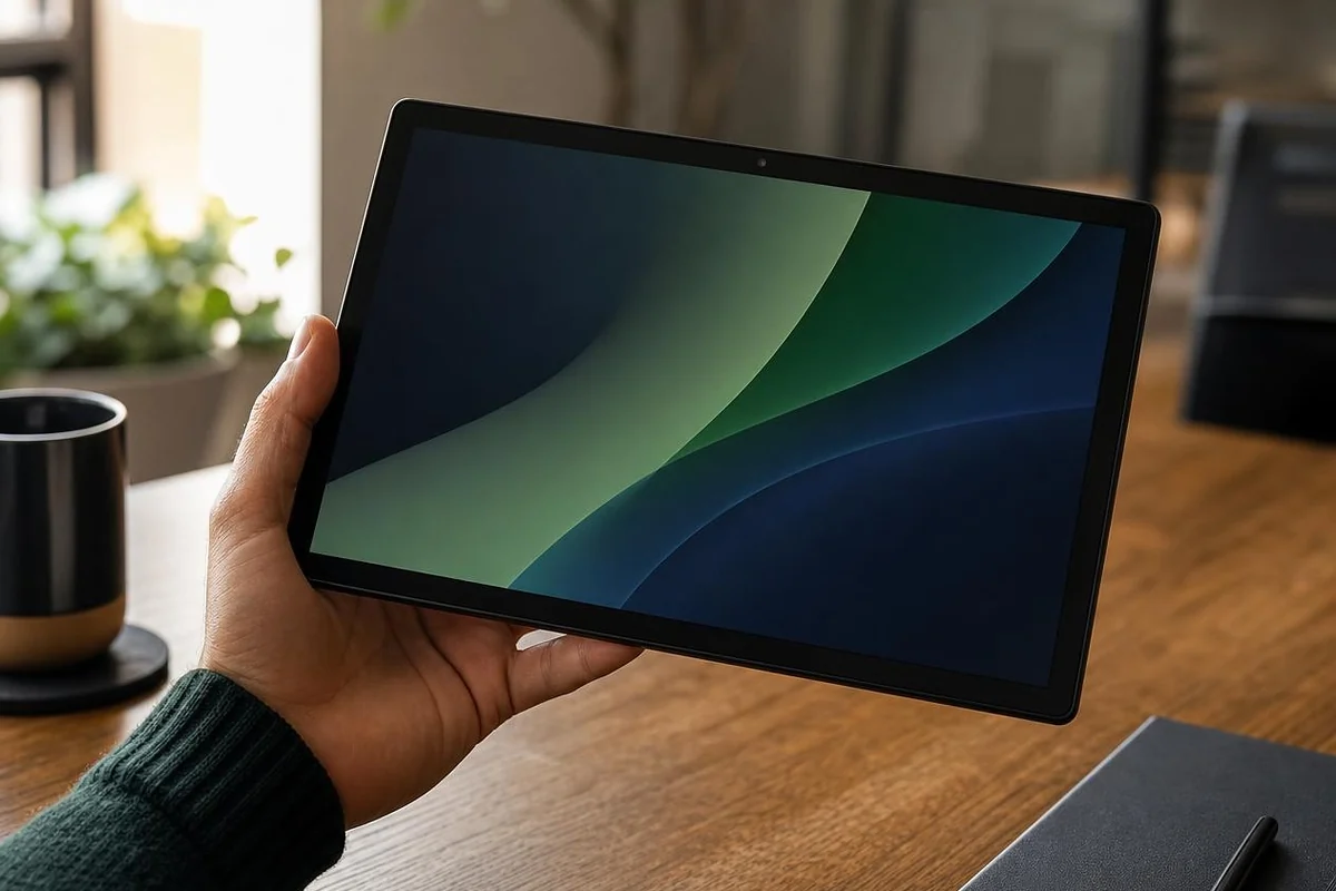 Hand holding a black Android tablet at a wood desk