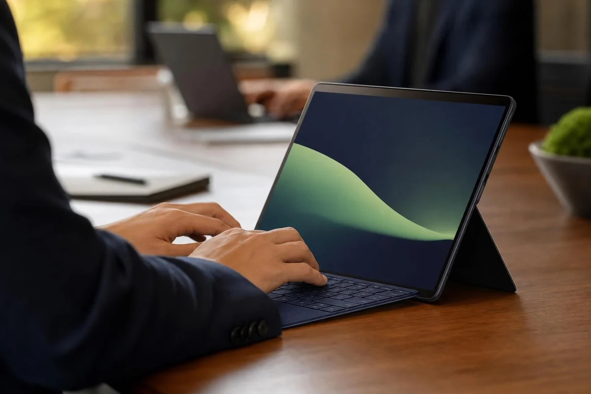 2-in-1 Windows tablet with kickstand and keyboard on a conference table